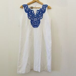 Linen Shift Dress Blue Embroidery Size 8P Tropical Travel Vacation